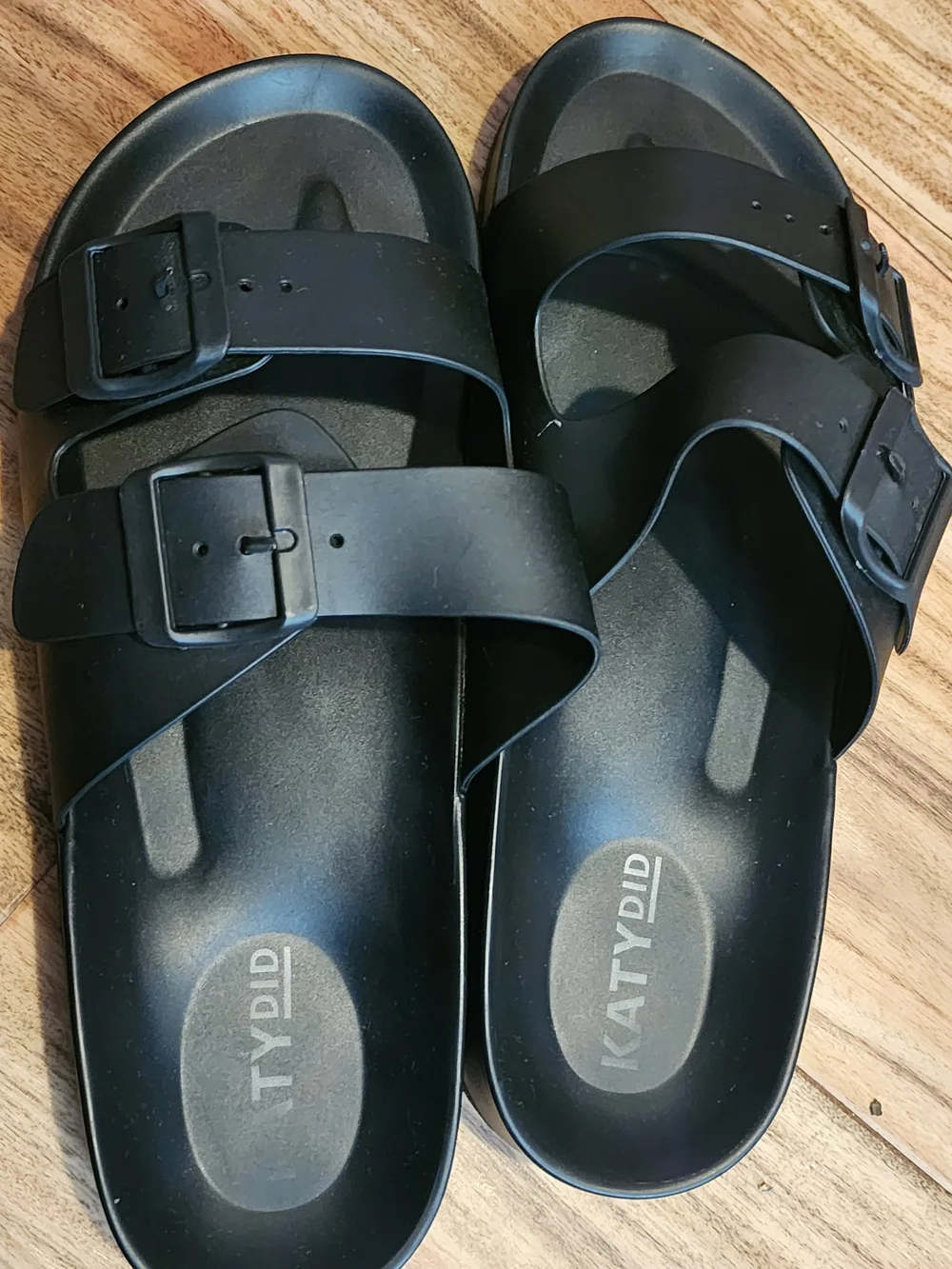 Katydid Black Double-Buckle Slide Sandals